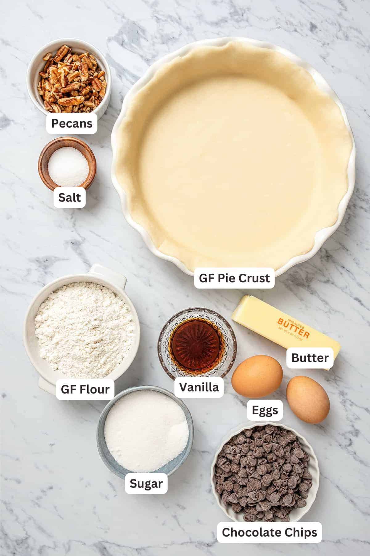 Ingredients for Gluten Free Chocolate Chip Cookie Pie.