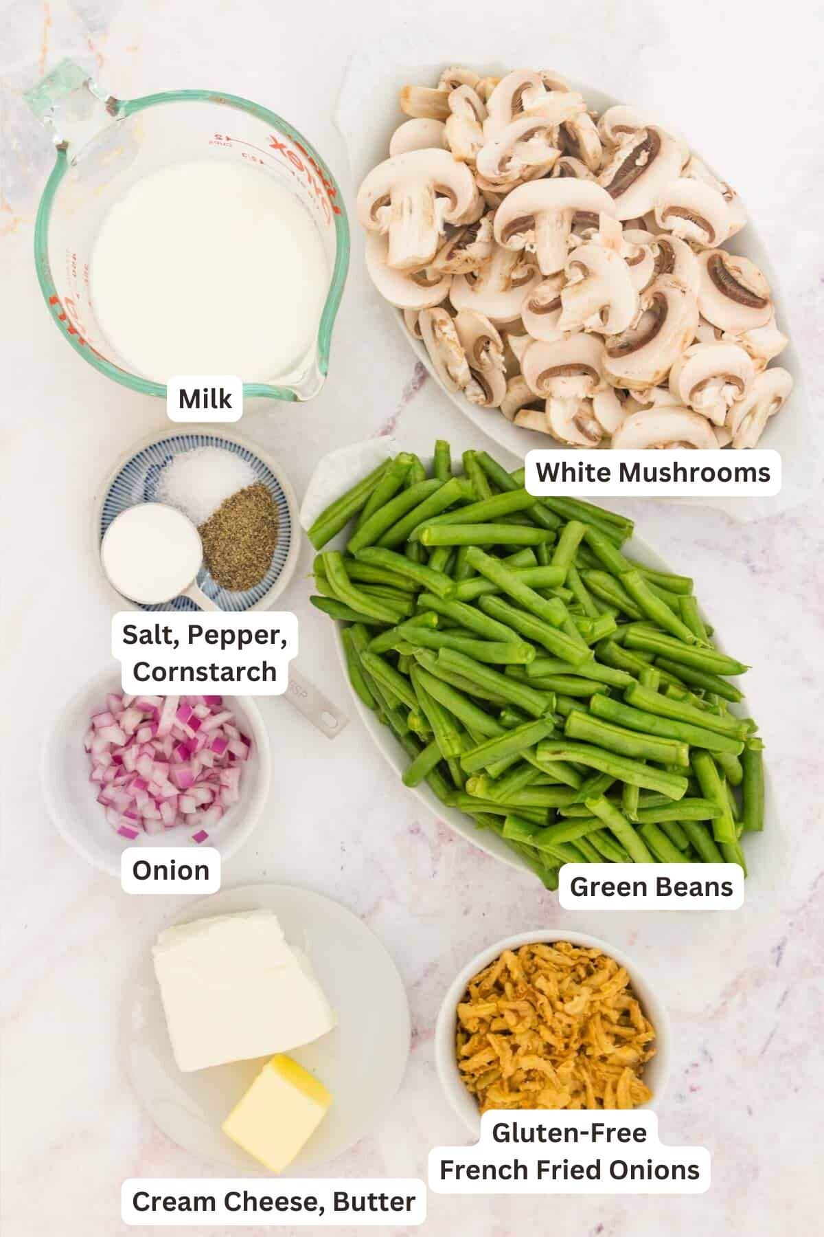 This Gluten-Free Green Bean Casserole is made for your holiday table! Made with tender-crisp green beans baked in gluten-free mushroom sauce. Ingredients for Gluten-Free Green Bean Casserole.