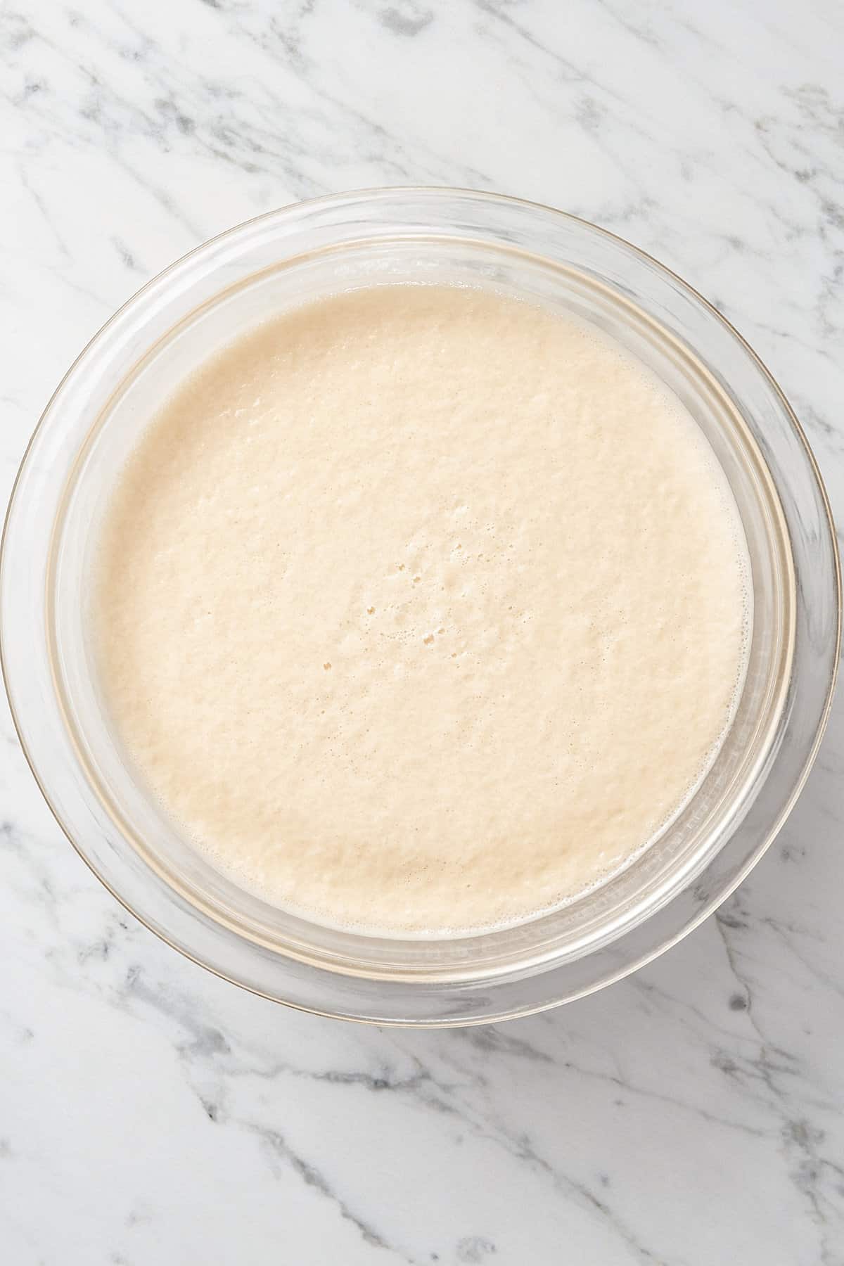 Activated yeast in a glass mixing bowl.