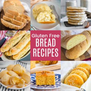 A collage of different gluten free breads with a pink box in the middle with text overlay that says "Gluten Free Bread Recipes".