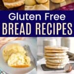 A collage of different gluten free bread divided by a blue box with text overlay that says "Gluten Free Bread Recipes".