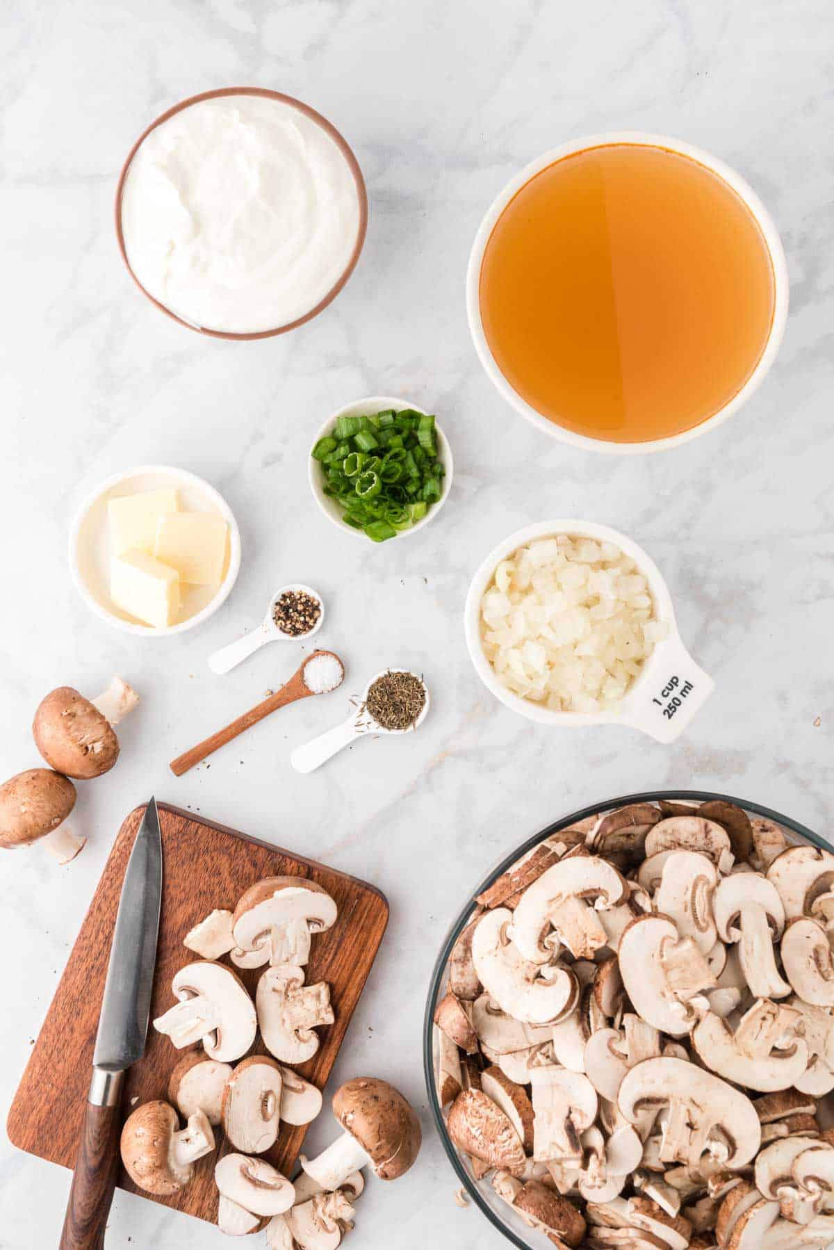 The ingredients for homemade cream of mushroom soup.