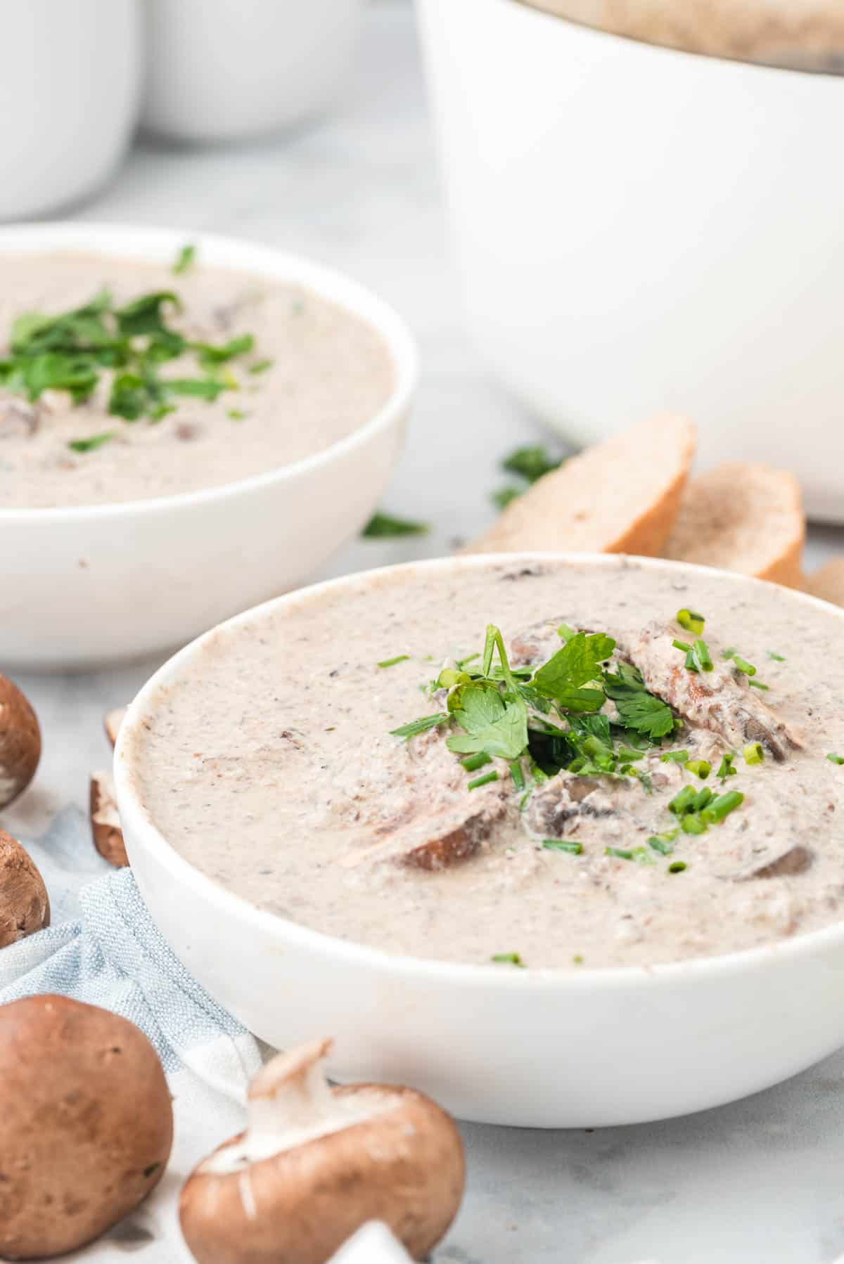 Bowls of cream of mushroom soup garnished with fresh parsley, next to slices of crusty bread and mushrooms.