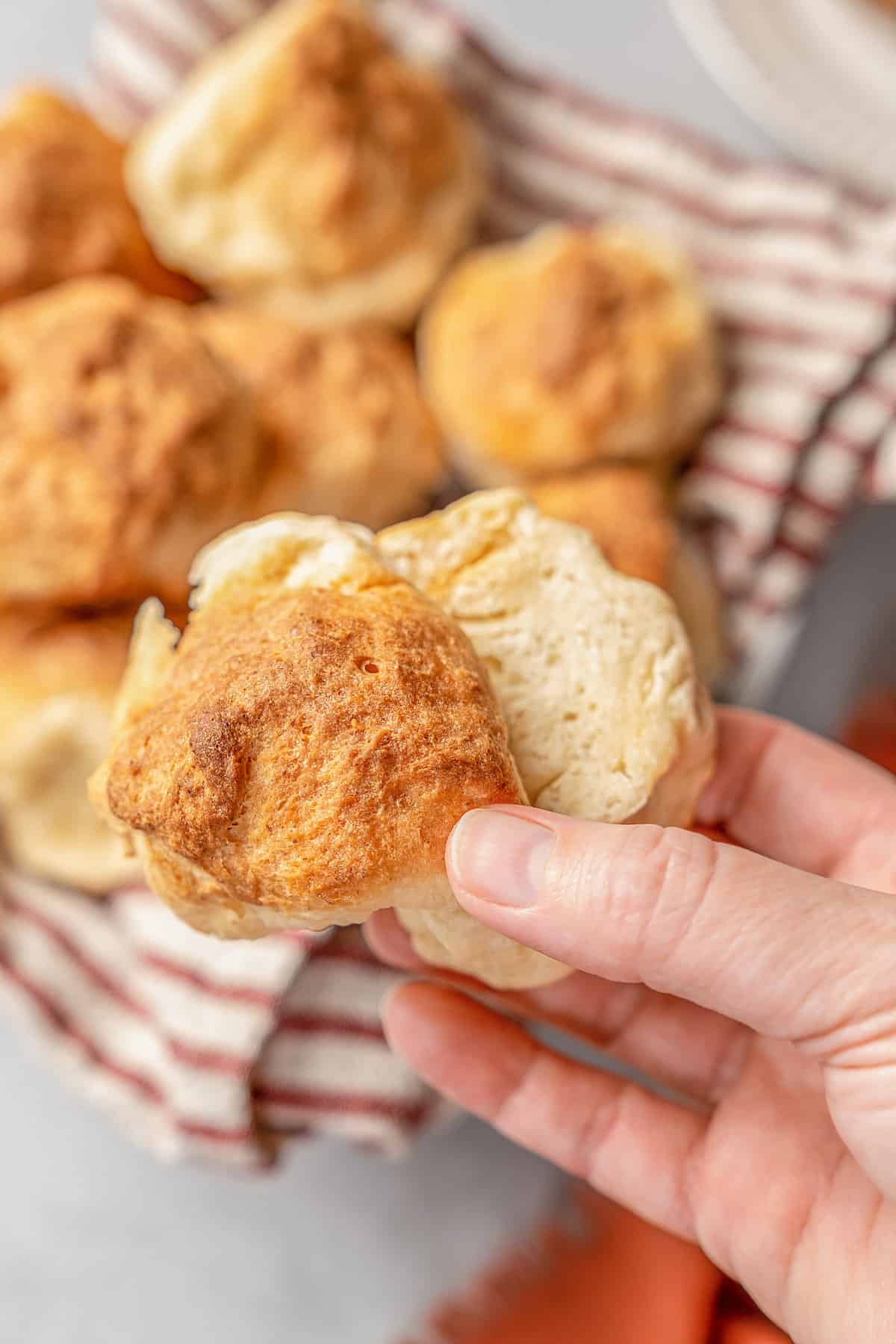 A hand holding a gluten-free Hawaiian roll, with more rolls in a bowl in the background.