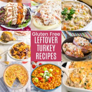 A 3 by 3 collage of various recipes made with leftover turkey with a pin box in the middle that says "Gluten Free Leftover Turkey Recipes".