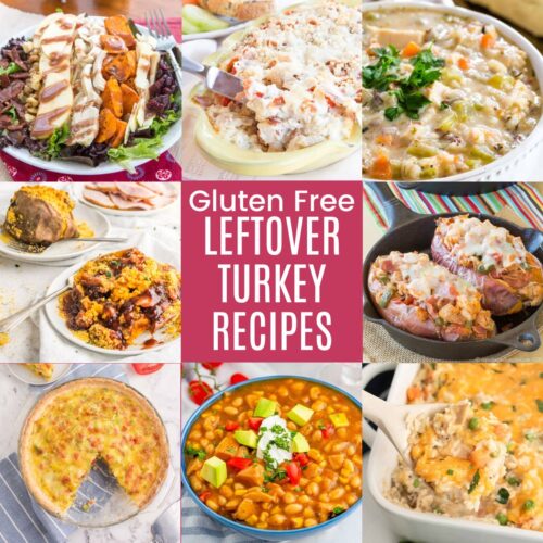 A 3 by 3 collage of various recipes made with leftover turkey with a pin box in the middle that says "Gluten Free Leftover Turkey Recipes".