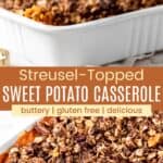 A scoop of sweet potato casserole on a serving spoon and the spoon in the casserole dish divided by an orange box with text overlay.