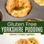 Yorkshire puddings in a muffin pan and piled in a shallow bowl divided by a green box with text overlay.