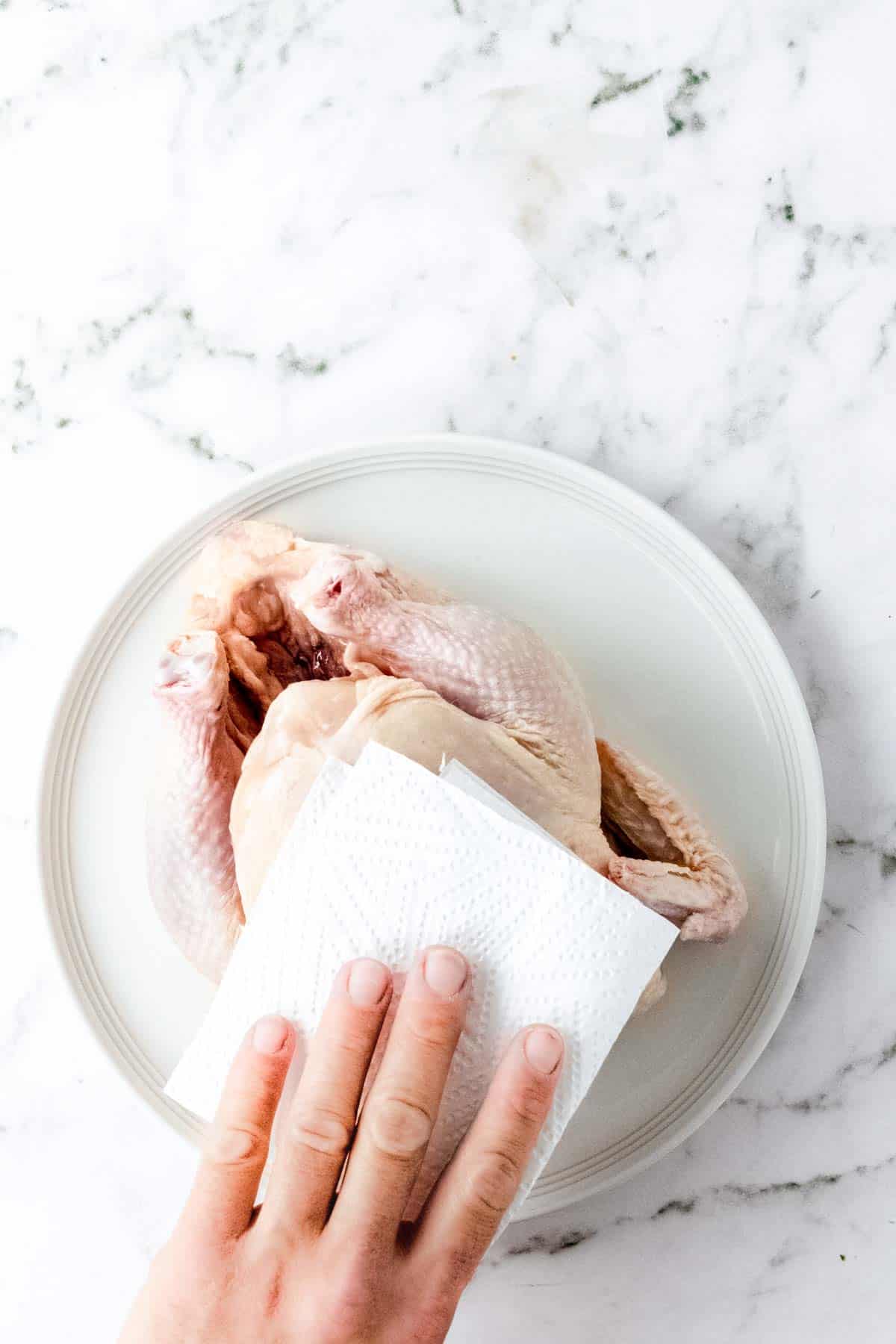 A hand using a paper towel to pat dry a whole raw chicken on a plate.