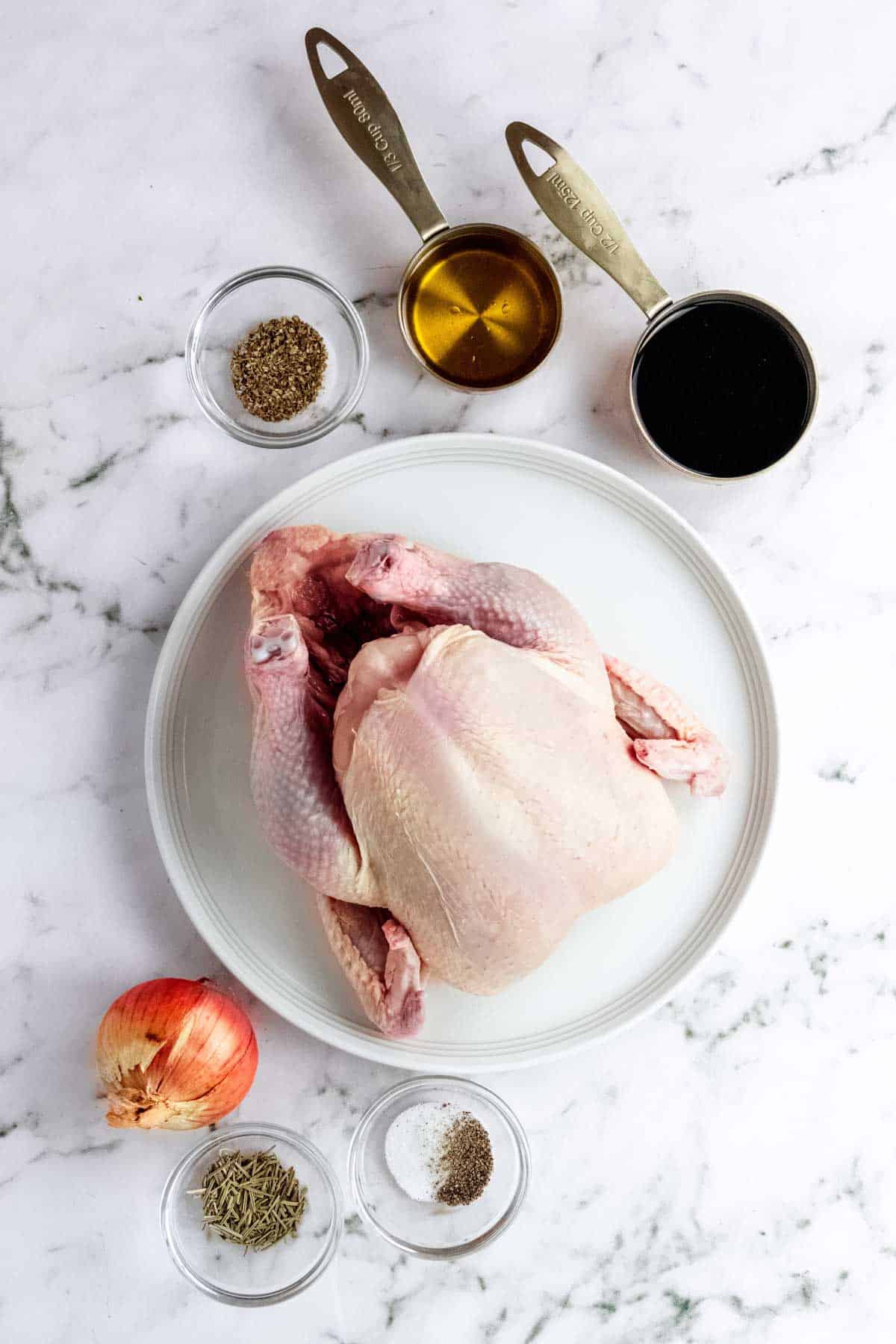 The ingredients for rosemary balsamic roast chicken.