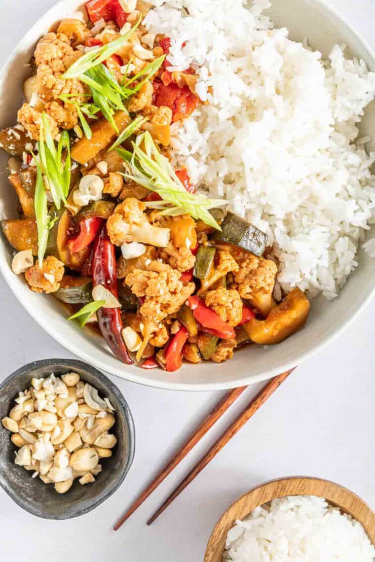 Slow Cooker Kung Pao Cauliflower Cupcakes & Kale Chips