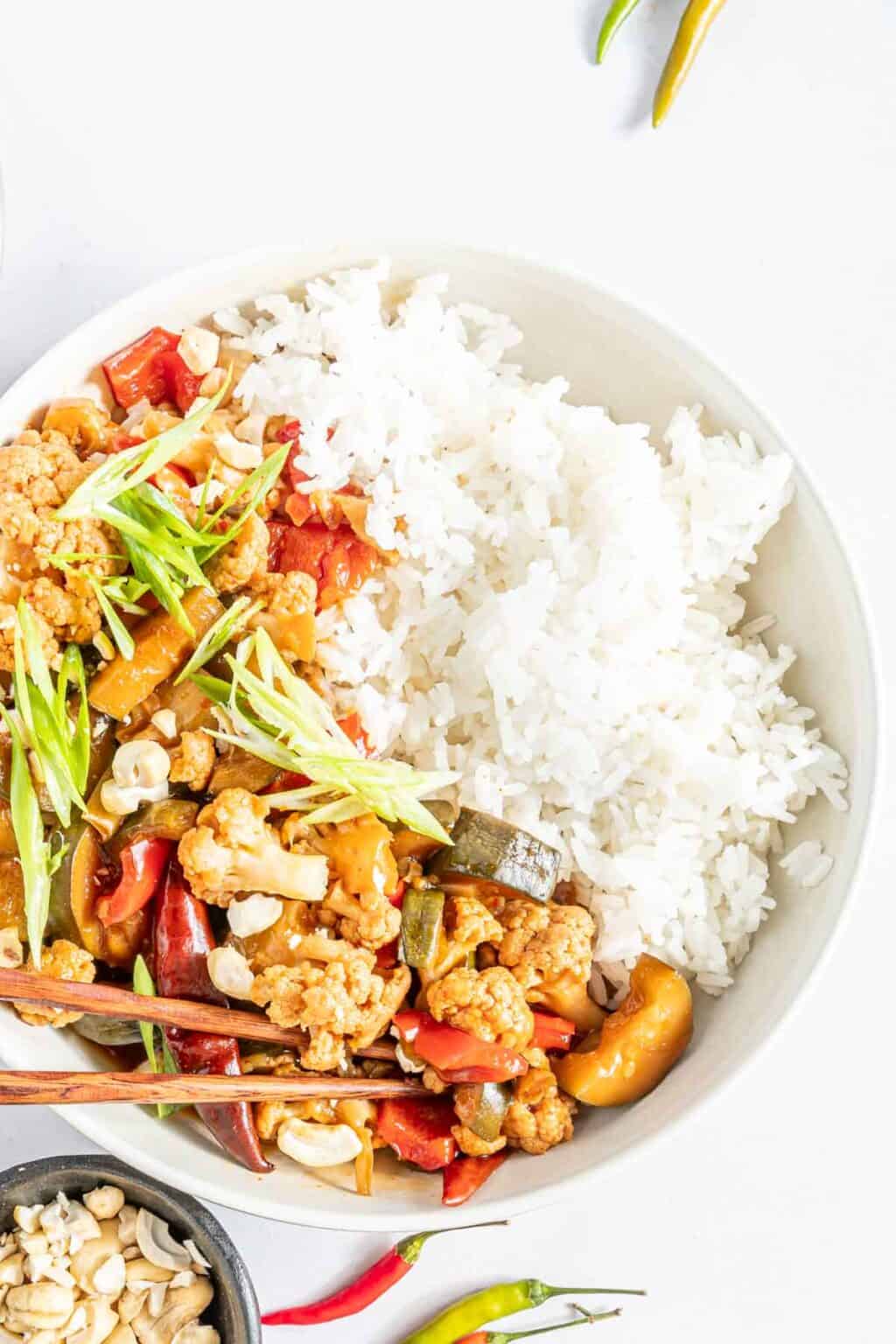 Slow Cooker Kung Pao Cauliflower Cupcakes & Kale Chips