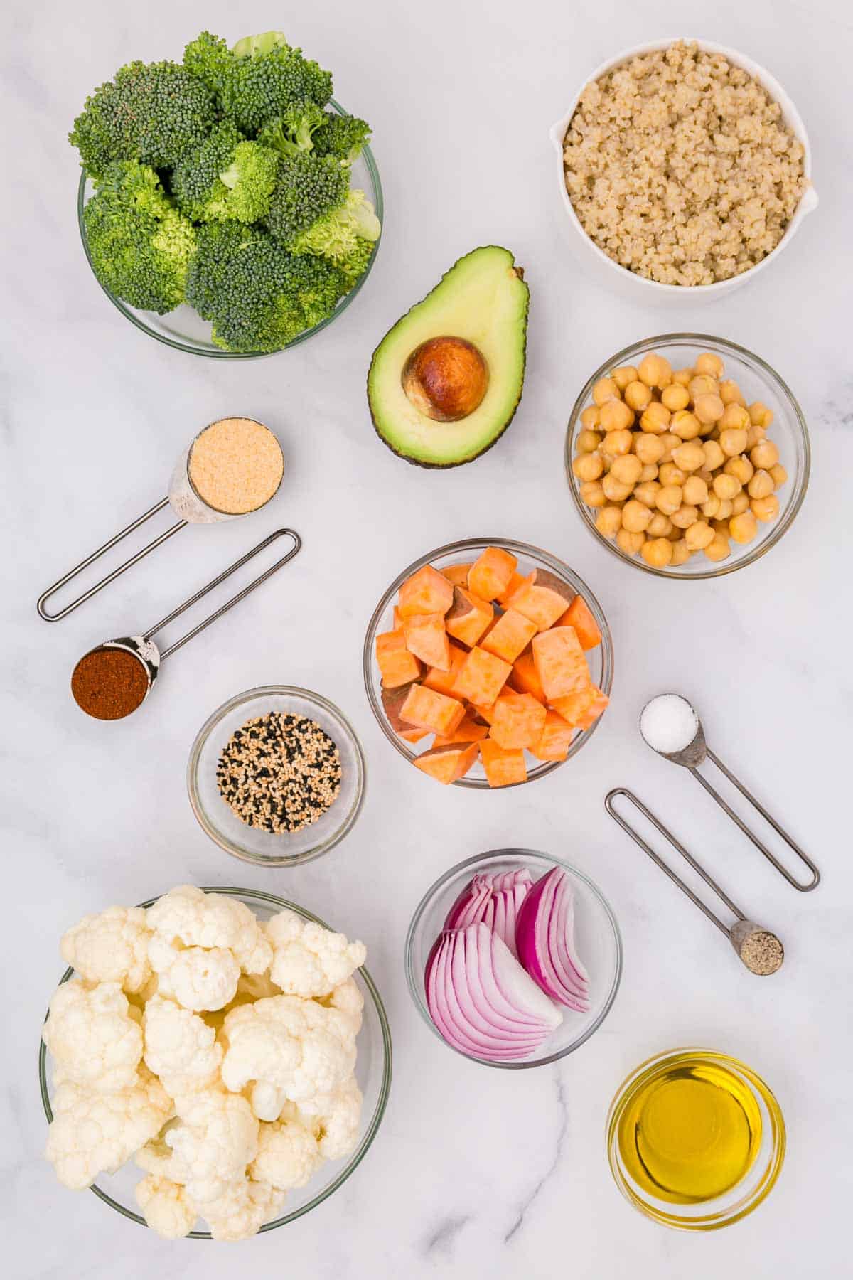 The ingredients for sweet potato buddha bowls.