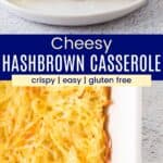 A piece of hash brown potato casserole on a plate and a corner of the casserole in a white baking dish divided by a blue box with text that says "Cheesy Hashbrown Casserole" with the words crispy, easy, and gluten free.