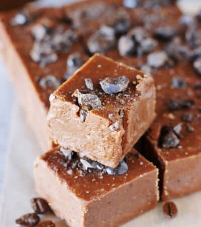 Squares of fudge topped with chopped coffee beans.