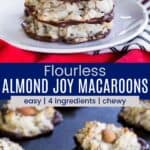 Almond Joy Cookies stacked on a plate and lined up on a sheet pan divided by a blue box that says "Flourless Almond Joy Macaroons" and the words easy, 4 ingredients, and chewy.