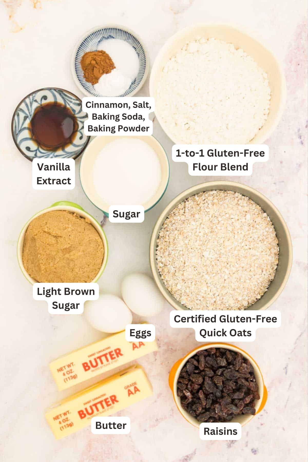 Ingredients for Gluten Free Oatmeal Raisin Cookies.