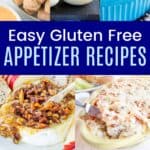 A three by three collage of appetizers like tzatziki dip, pretzel bites, spinach feta pinwheels, and more divided by a blue box with text overlay that says "Easy Gluten Free Appetizer Recipes".