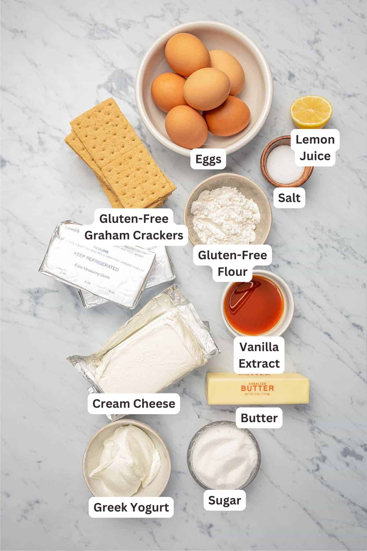 Ingredients for Gluten Free Cheesecake.