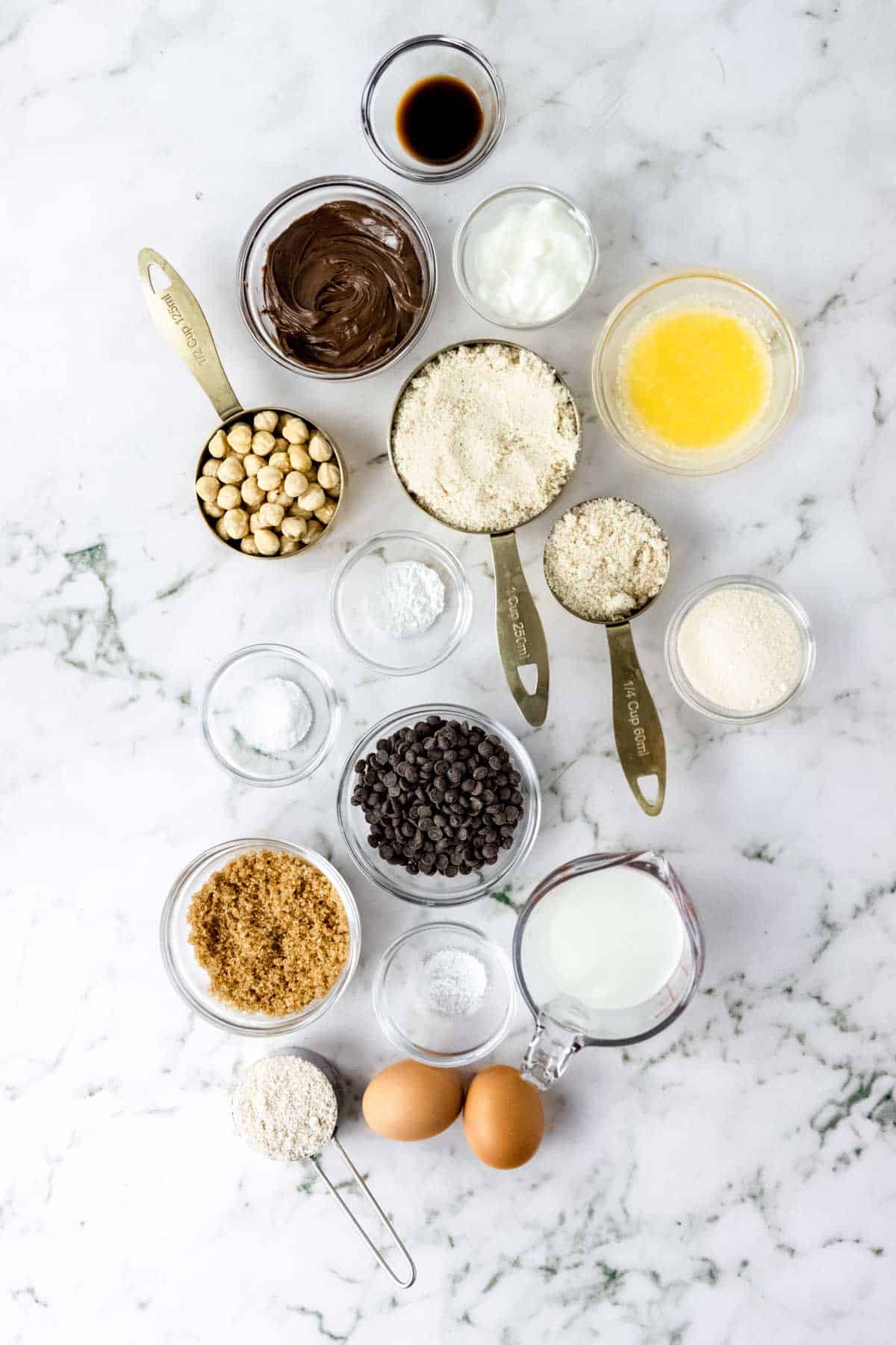 Ingredients for gluten-free chocolate hazelnut crumb cake.