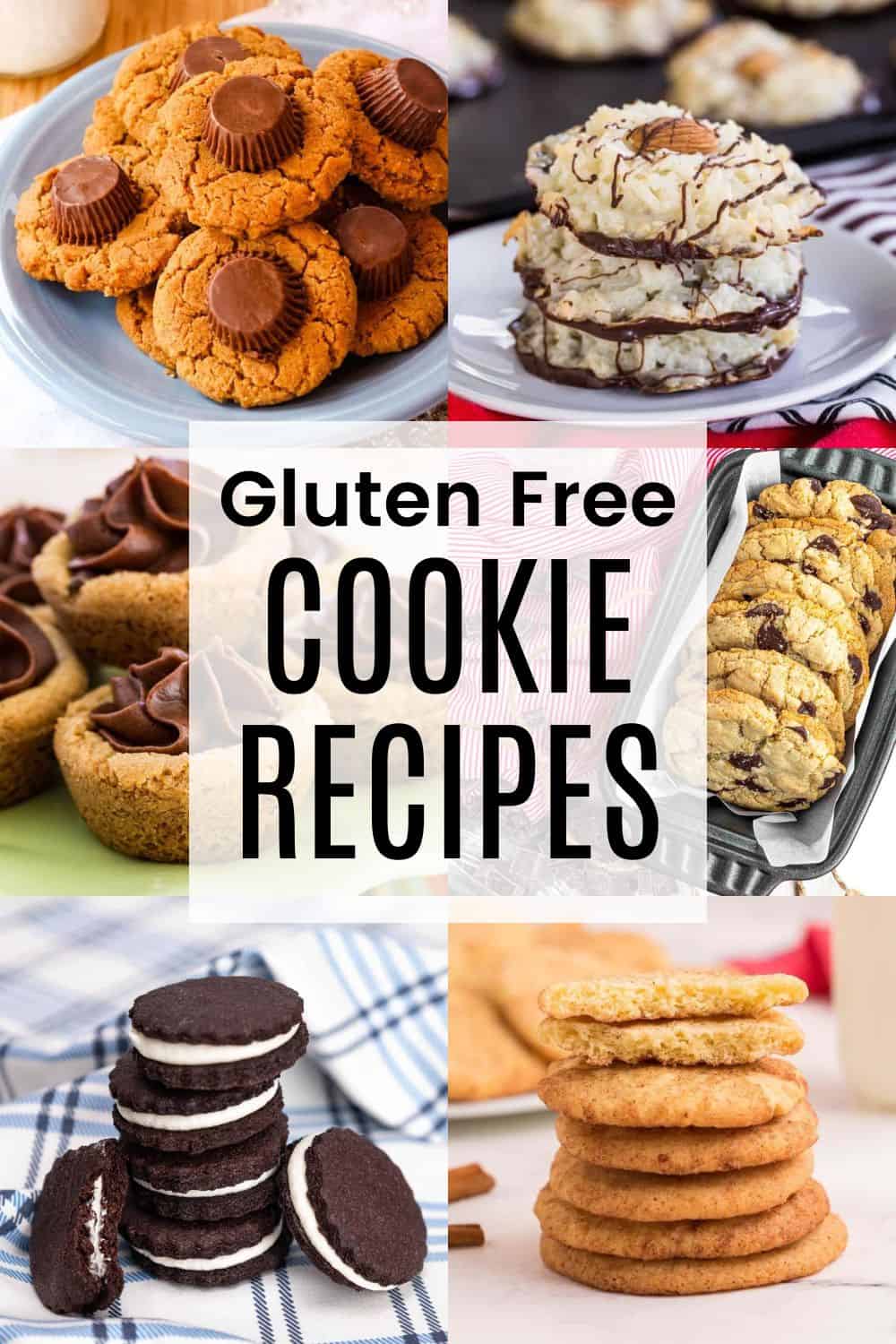 A two-by-three collage of different gluten free cookies including chocolate chip, snickerdoodles, and others, with a translucent white rectangle overlay with black text that says "Gluten Free Cookie Recipes".