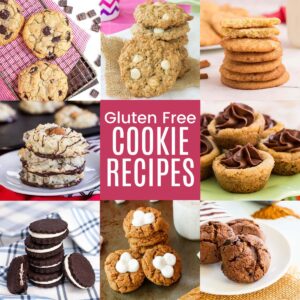 A three-by-three grid of carious cookie recipes with the square in the middle colored pink with white text that says "Gluten Free Cookie Recipes".