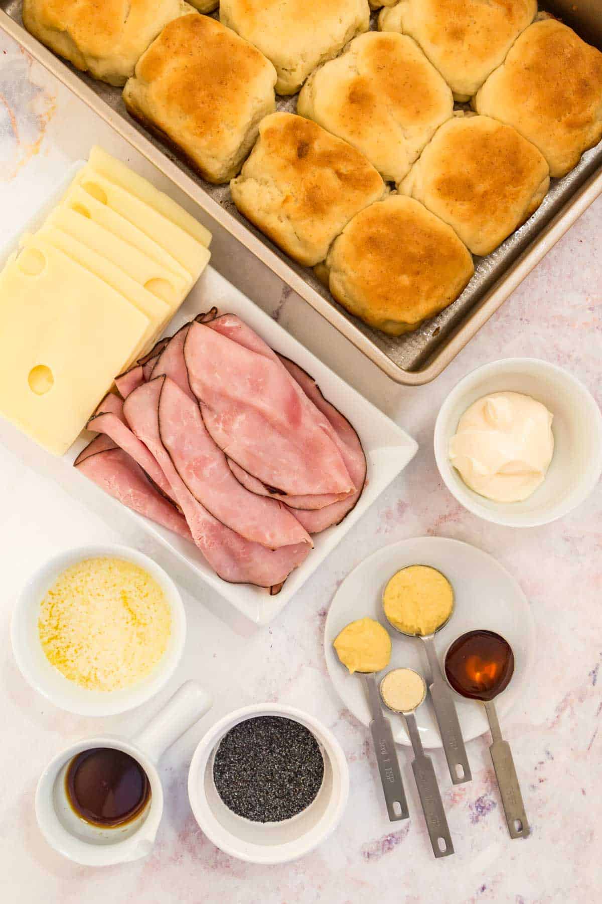 The ingredients for gluten-free ham and cheese sliders.