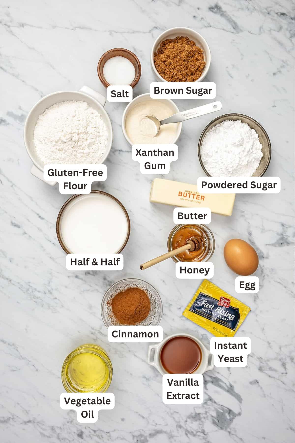 Ingredients for Gluten Free Honey Buns.