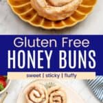 Two honey buns covered with glaze on a scalloped plate and more of them piled on an oval platter divided by a blue box with text overlay that says "Gluten Free Honey Buns" and the words sweet, sticky, and fluffy.