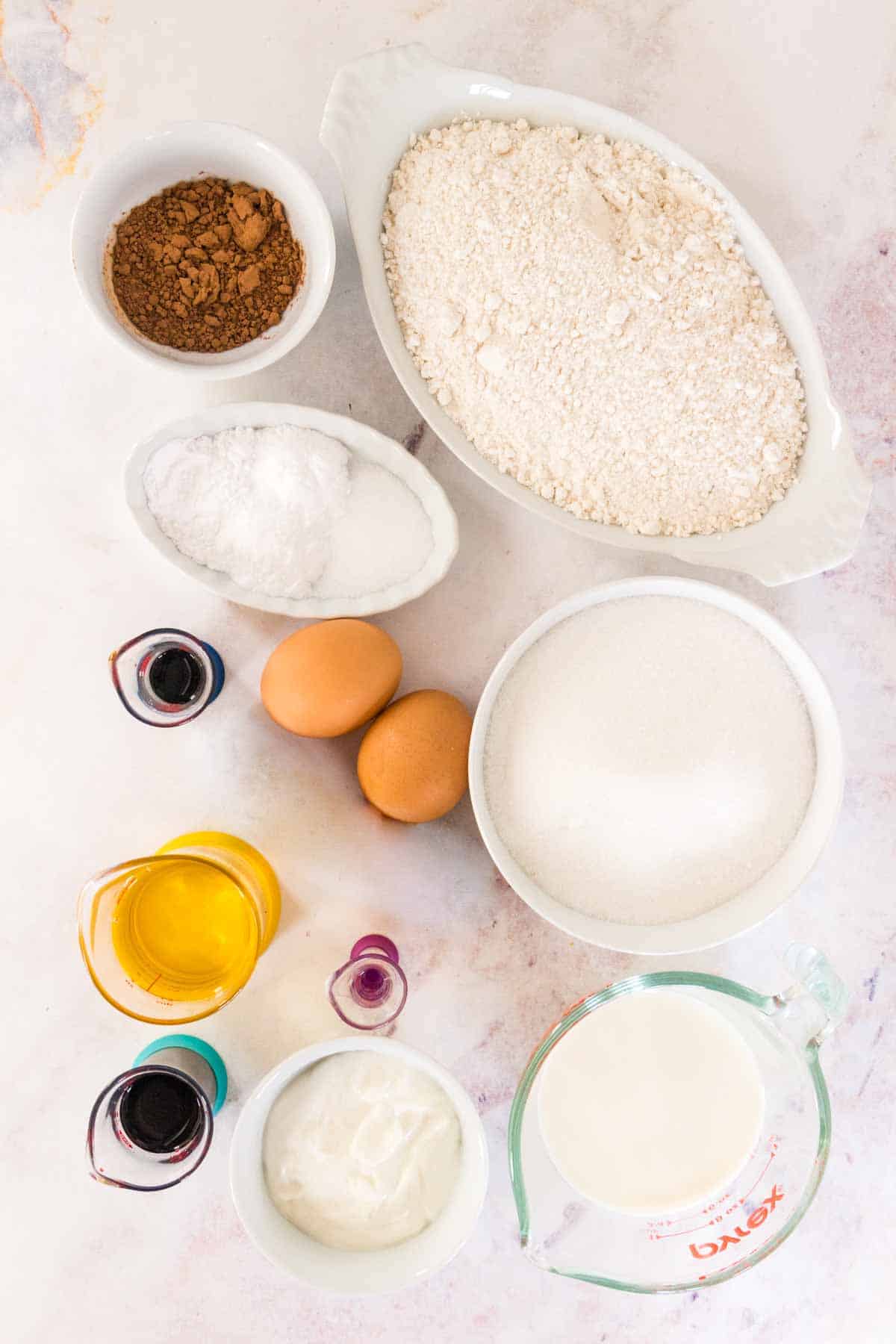 The ingredients for gluten-free red velvet cake.