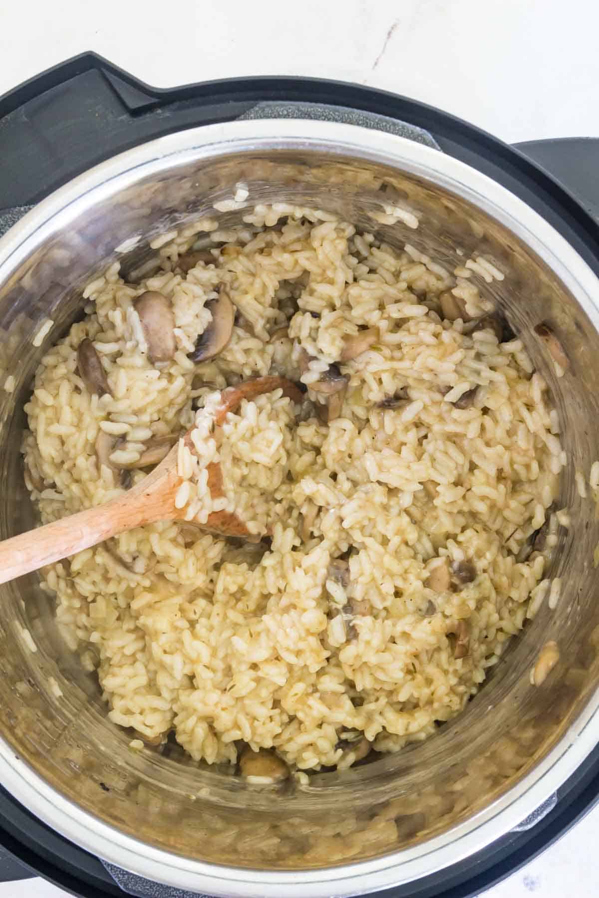 Finished mushroom risotto inside the Instant Pot.