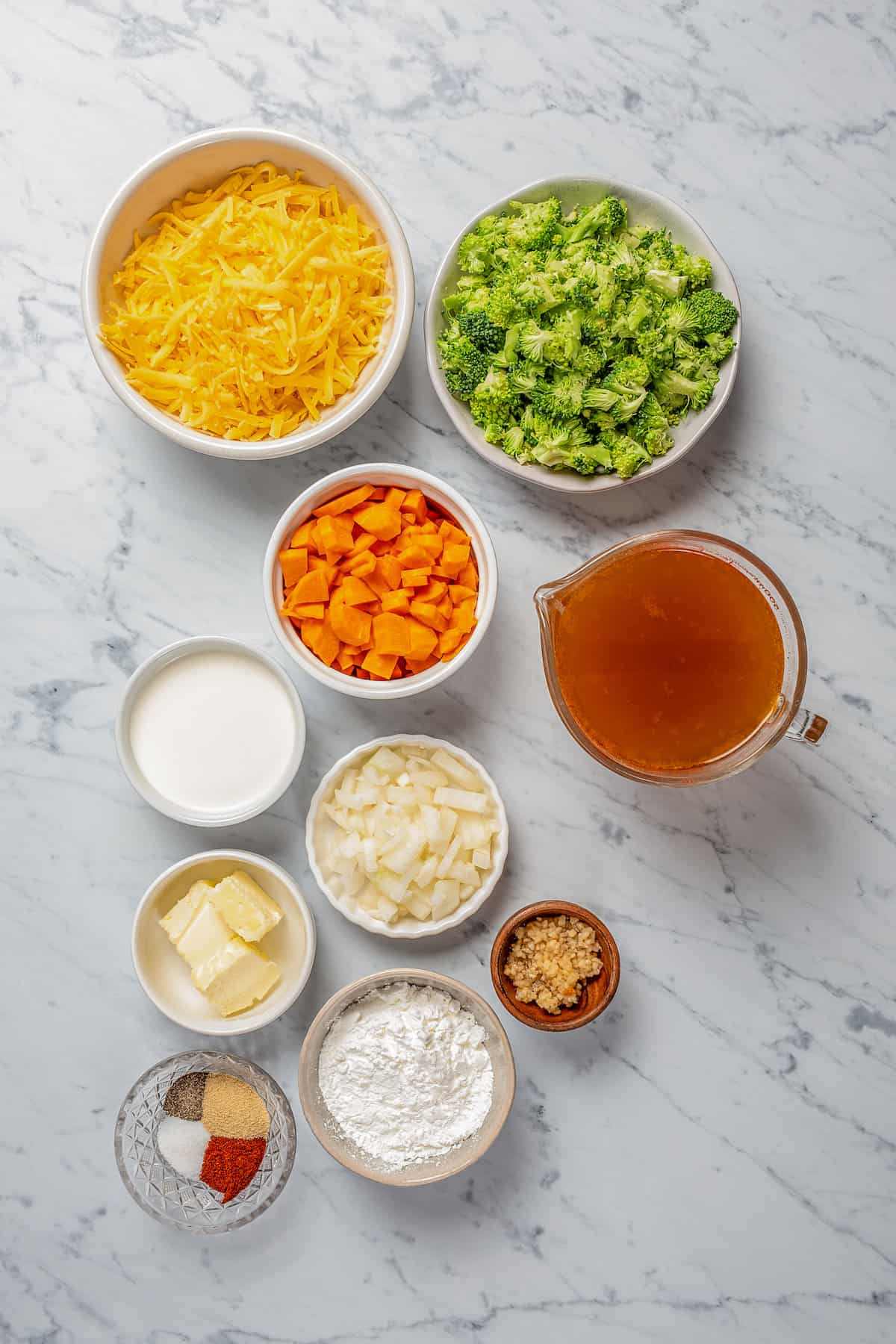 The ingredients for Instant Pot broccoli cheese soup.
