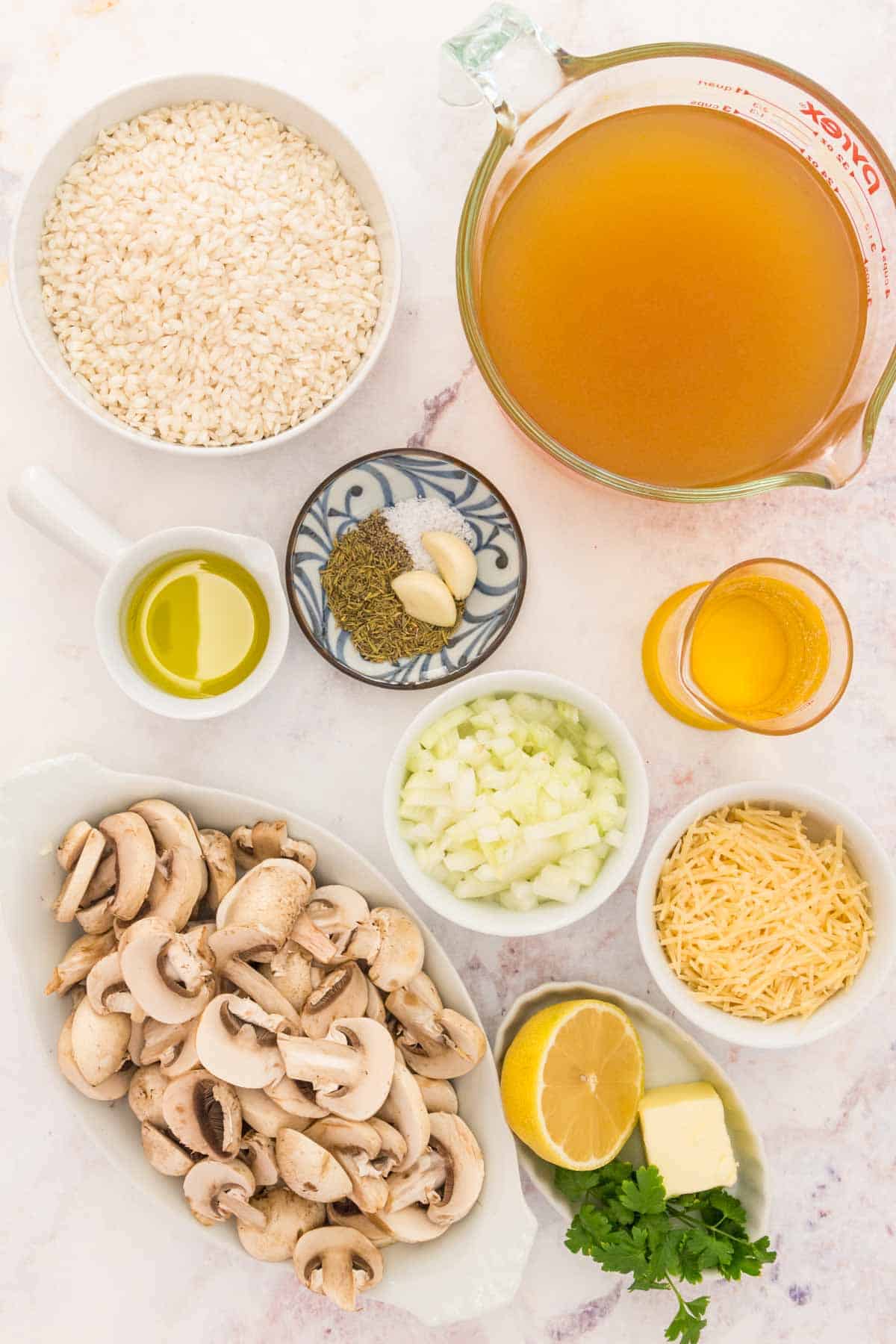 Ingredients for Instant Pot mushroom risotto.