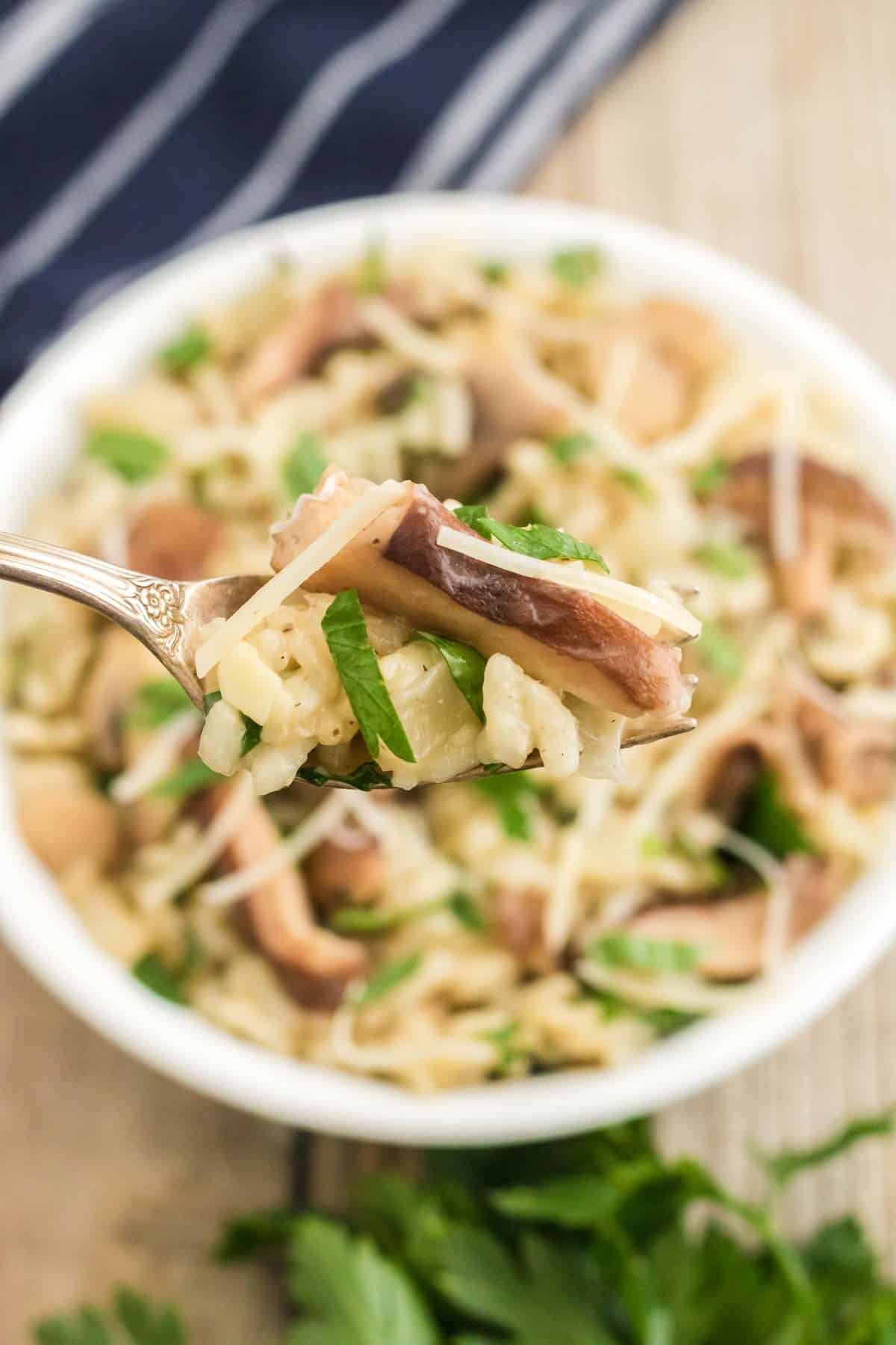 Close up of a forkful of mushroom risotto with a bowl of risotto in the background.