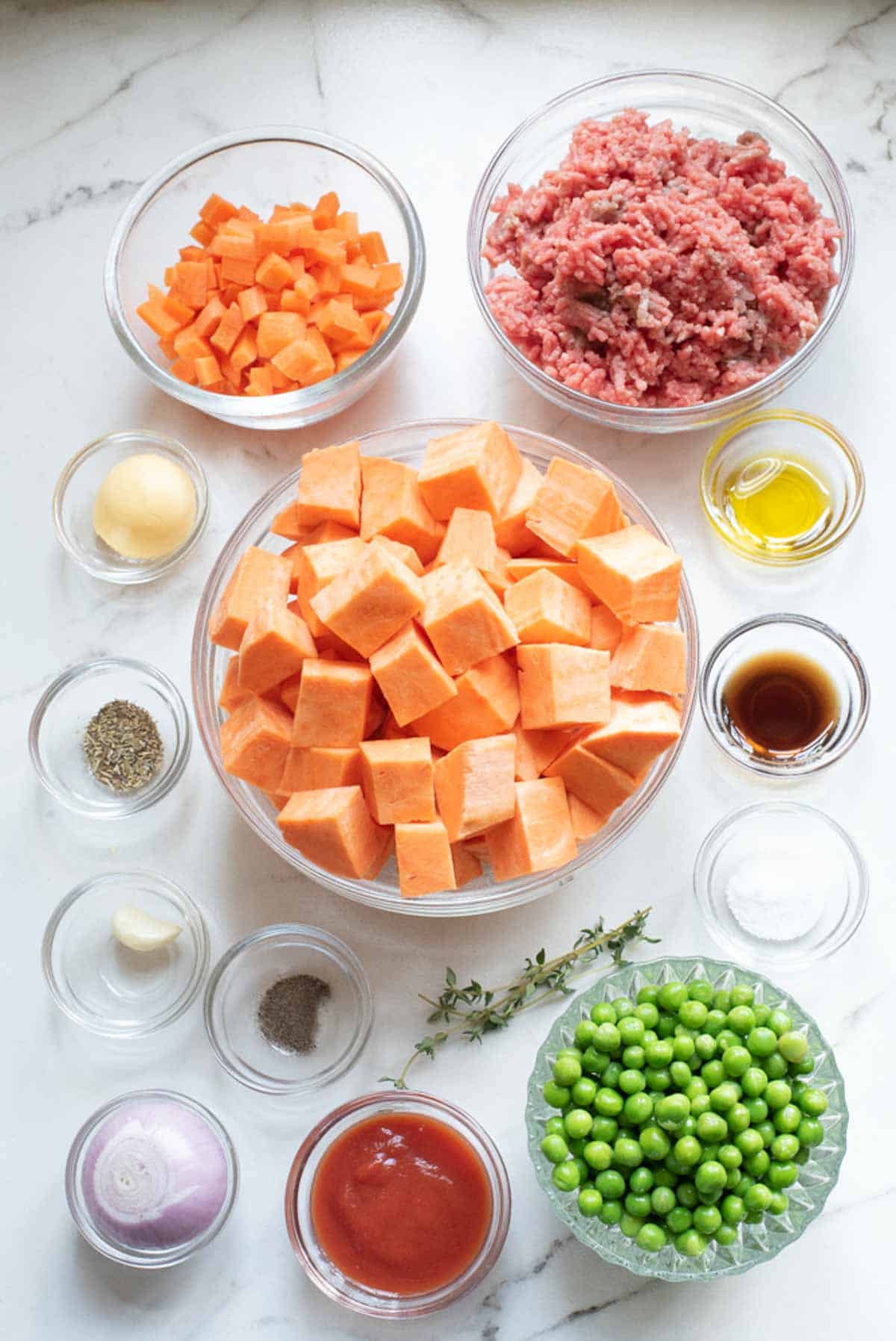 The ingredients for sweet potato shepherd's pie.