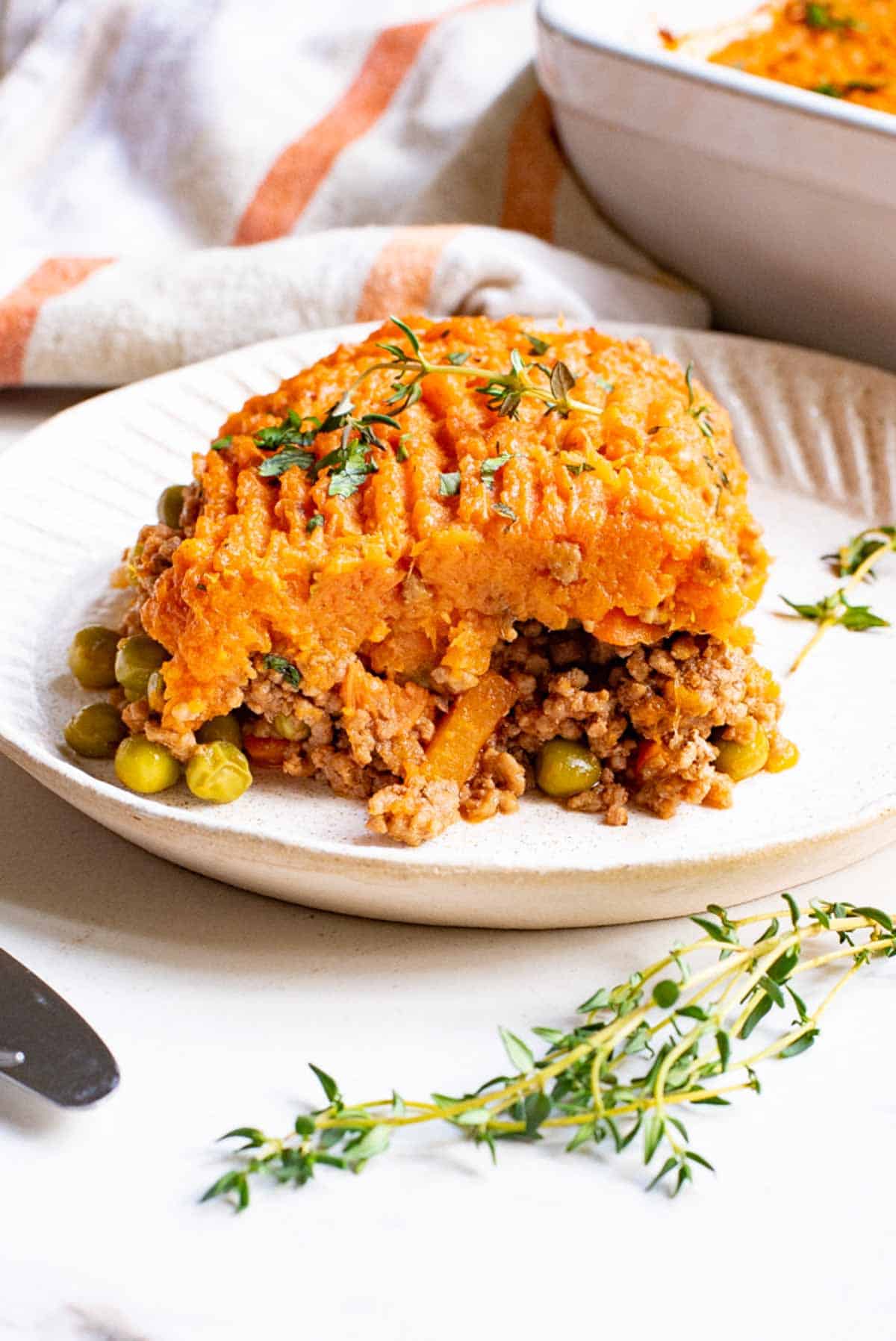 A serving of sweet potato shepherd's pie on a plate.