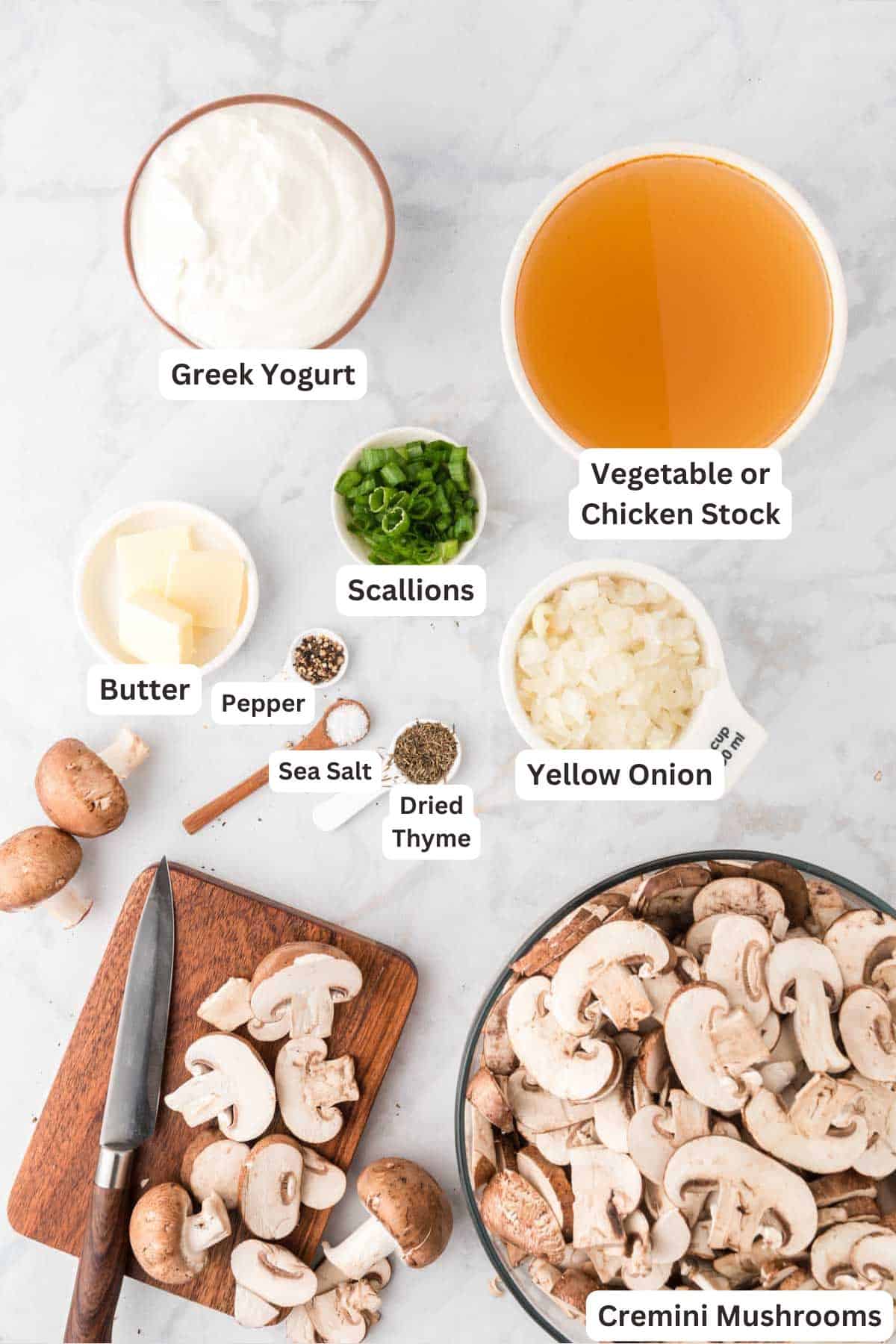 Ingredients for Cream of Mushroom Soup.