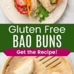 Two gluten free bao buns with char siu pork, carrots, and cucumbers on a plate and three of the unfilled steamed buns in a steamer basket divided by a green box with text overlay that says "Gluten Free Bao Buns" and the words "Get the Recipe!".