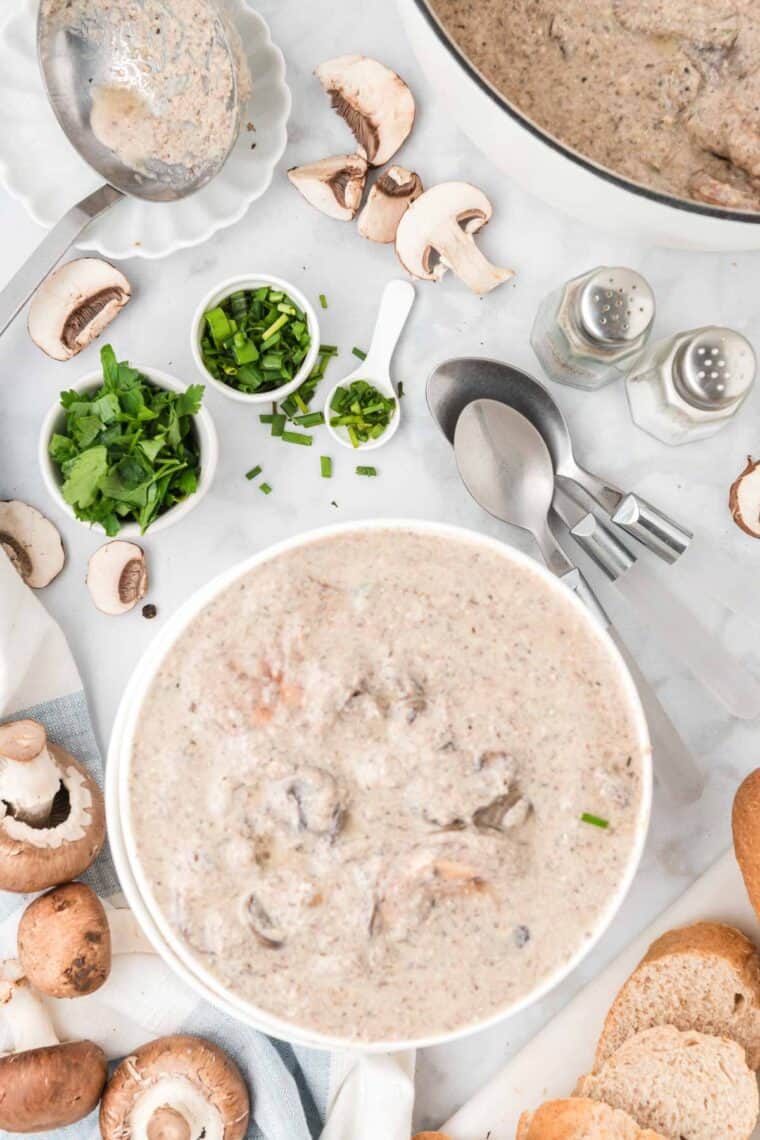 Looking down on a table with a bowl of cream of mushroom soup surrounded by bread slices, mushrooms, parsley, and a pot of soup.