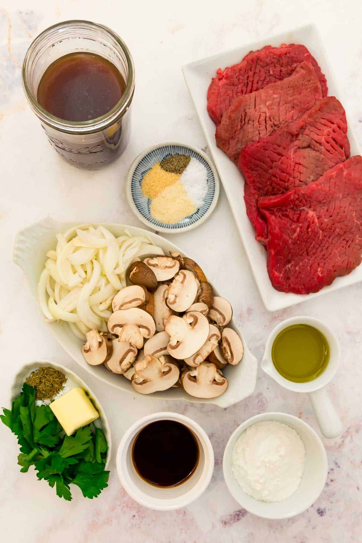 The ingredients for gluten-free cube steak with gravy.