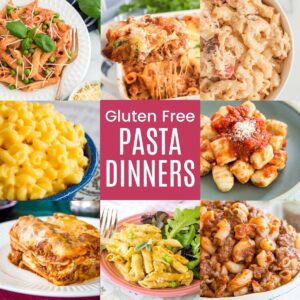 A three-by-three collage of pasta dishes like lasagna, beefaroni, and mac and cheese with a pink box in the middle with white text overlay that says "Gluten Free Pasta Dinners".