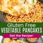 A piece of a vegetable pancake being held by chopsticks while dipping it into a sauce and wedges arranged on a platter divided by a green box with text overlay that says "Gluten Free Vegetable Pancakes" and the words "Get the Recipe!".