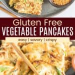 Wedges of vegetable pancakes arranged on a platter and one being held by chopsticks with a sesame seed sauce on the corner of it divided by a brown box with text overlay that says "Gluten Free Vegetable Pancakes" and the words easy, savory, and crispy.