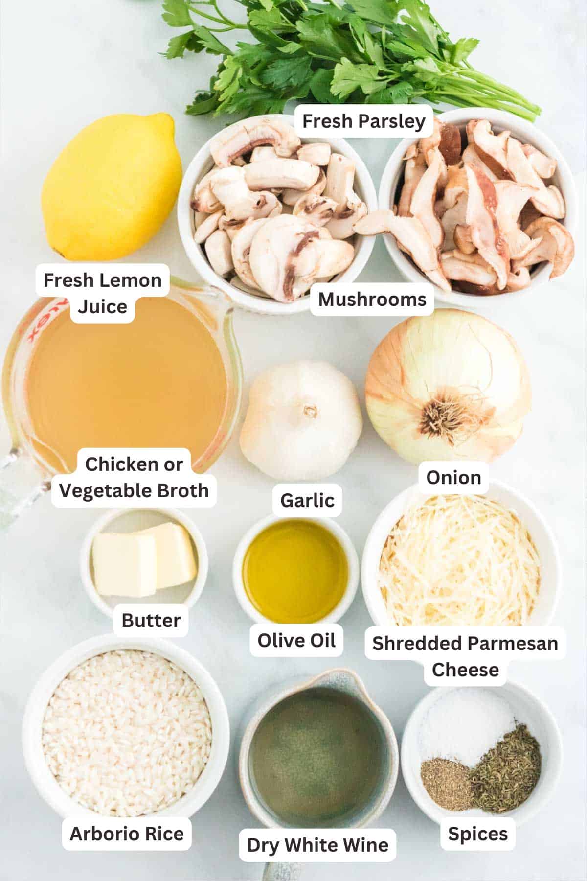 Ingredients for Stovetop Mushroom Risotto.