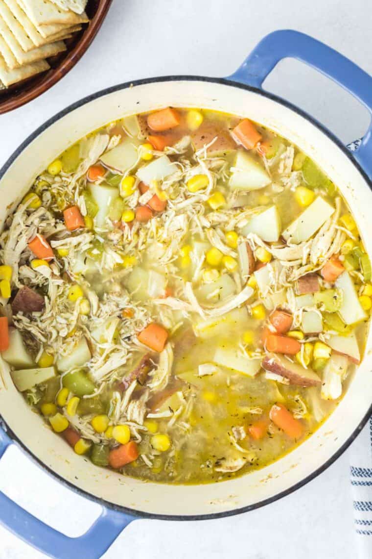 Rotisserie chicken soup inside a large pot.