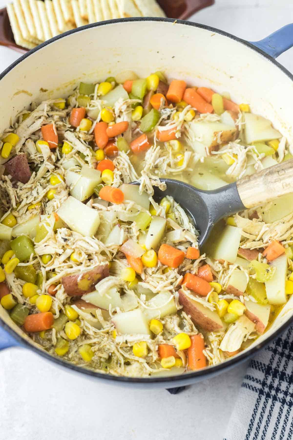 Rotisserie chicken soup inside a large pot with a soup spoon.