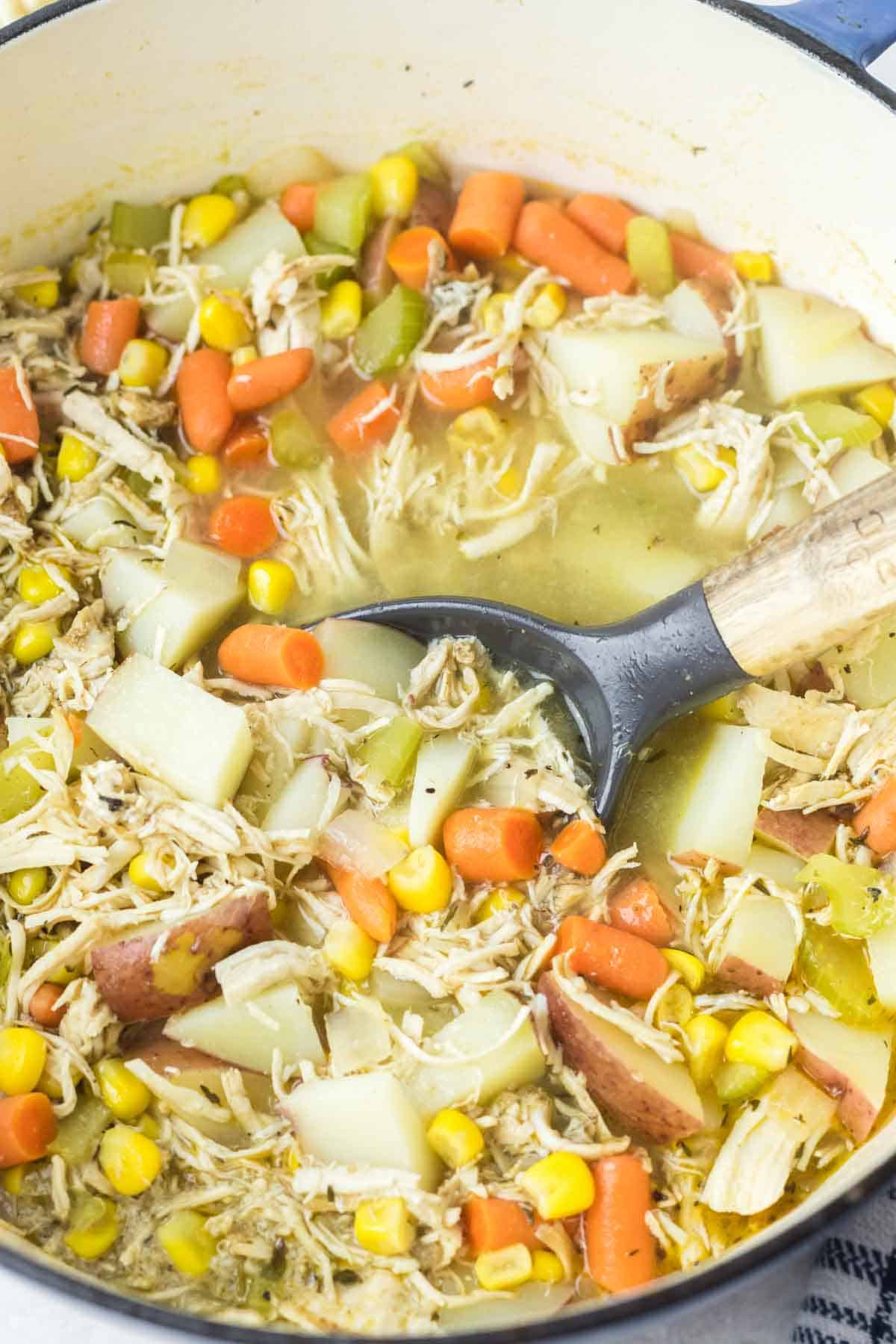 Rotisserie chicken soup inside a large pot with a soup spoon.