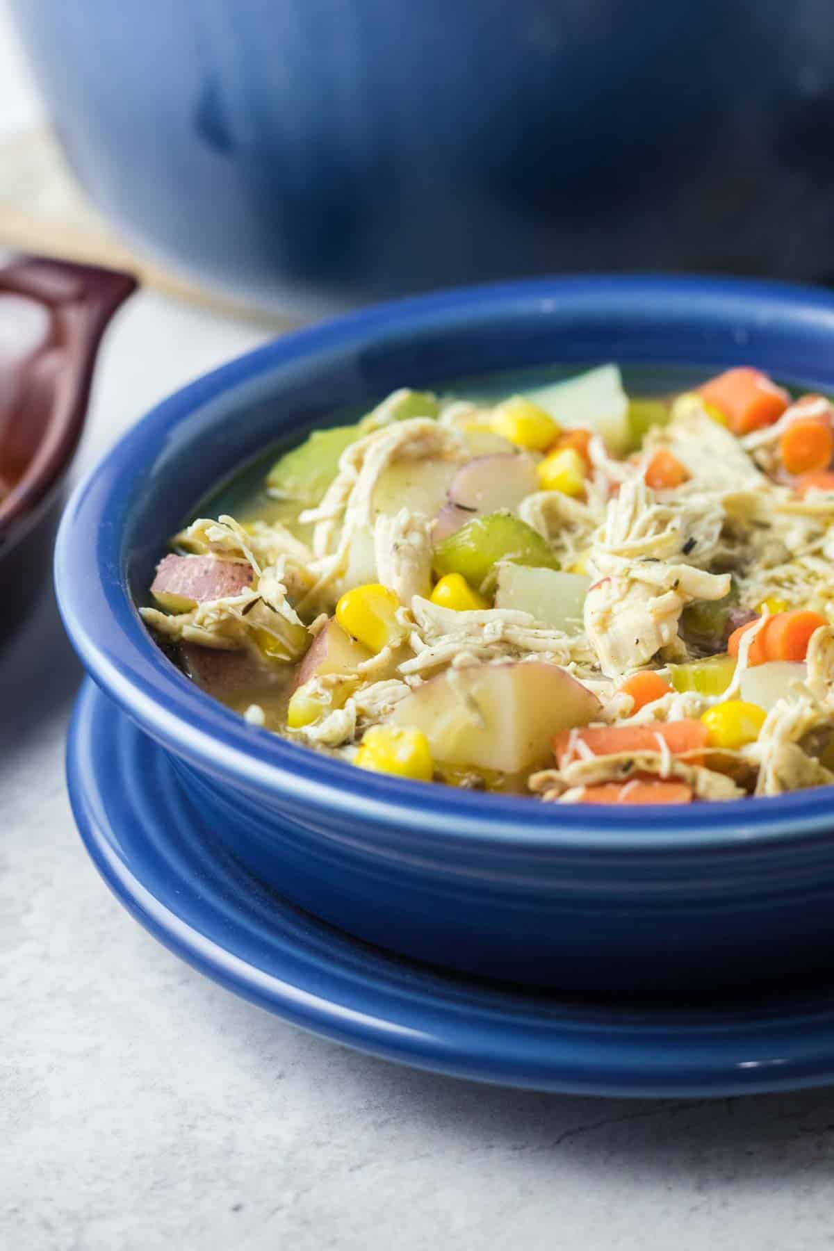 A serving of rotisserie chicken soup in a blue bowl, next to a large pot of soup.