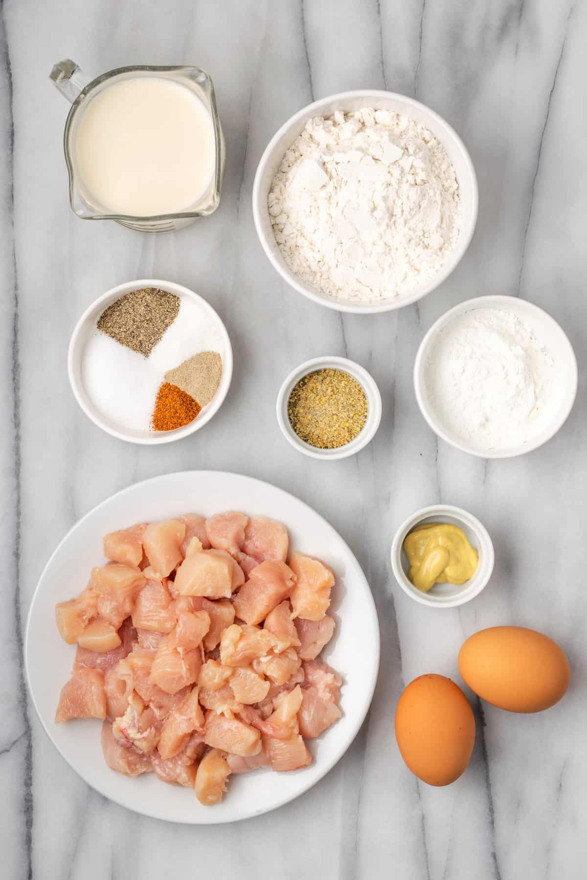 The ingredients for gluten-free KFC popcorn chicken.