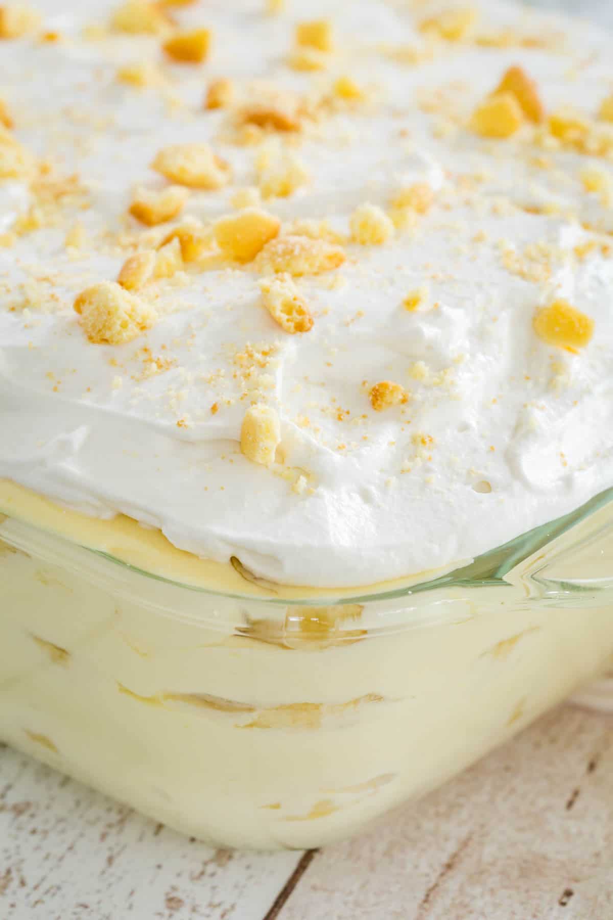 Gluten-free banana pudding in a glass casserole dish.